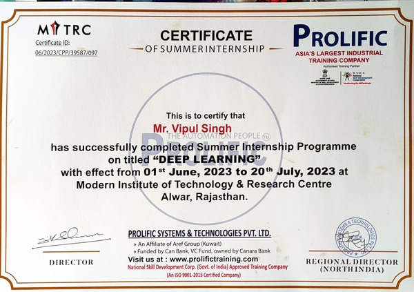 Deep Learning Internship Certificate
