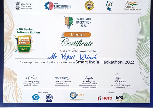 Smart India Hackathon 2023 Certificate